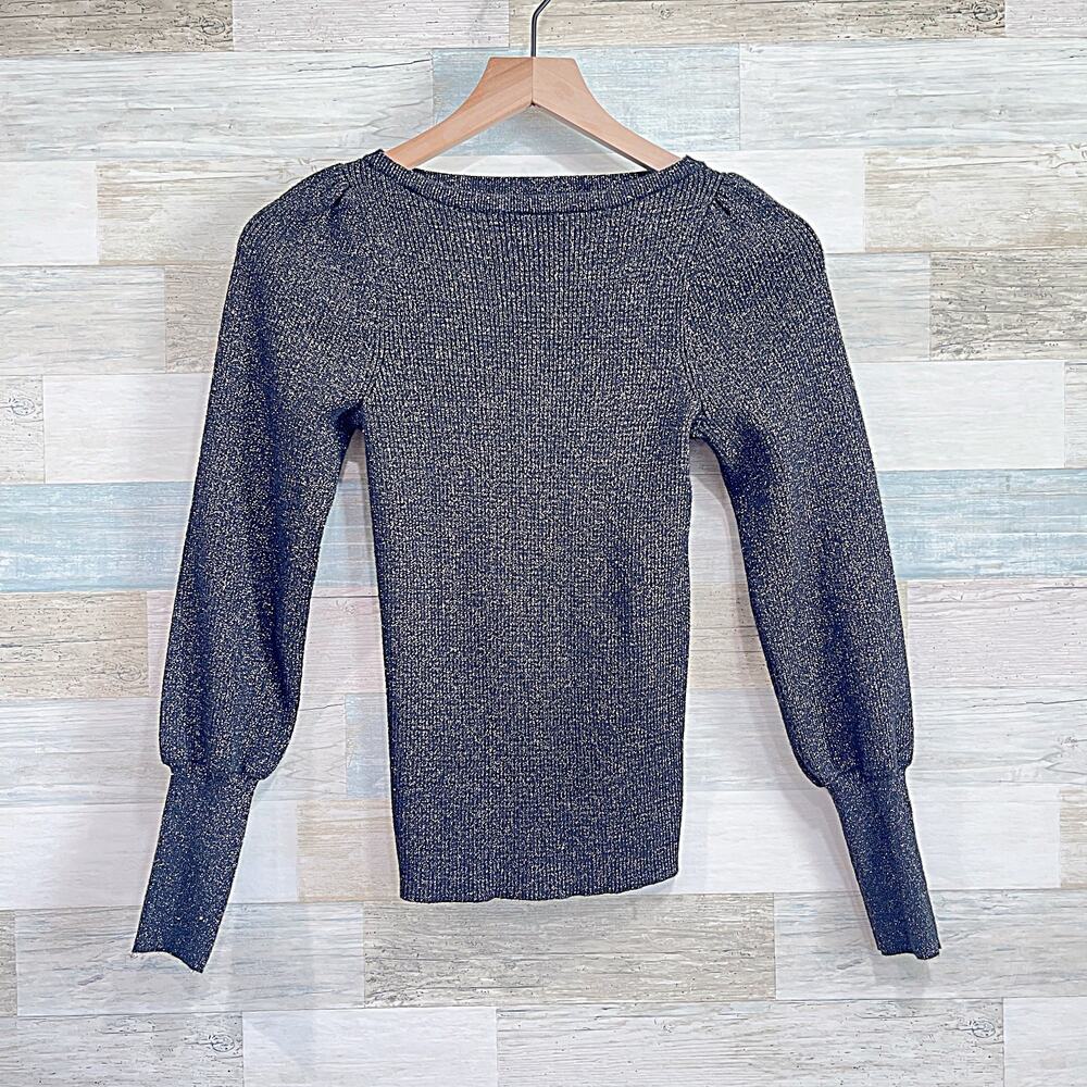Ann Taylor Gold Glitter Bishop Sleeve Ribbed Slim Fit Top Black Cotton Womens XS